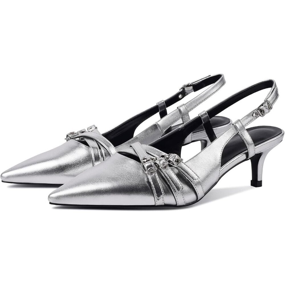 Women's Silver Slingback Pointed Toe Stiletto Buckle Strap Low Heel Pumps Shoes